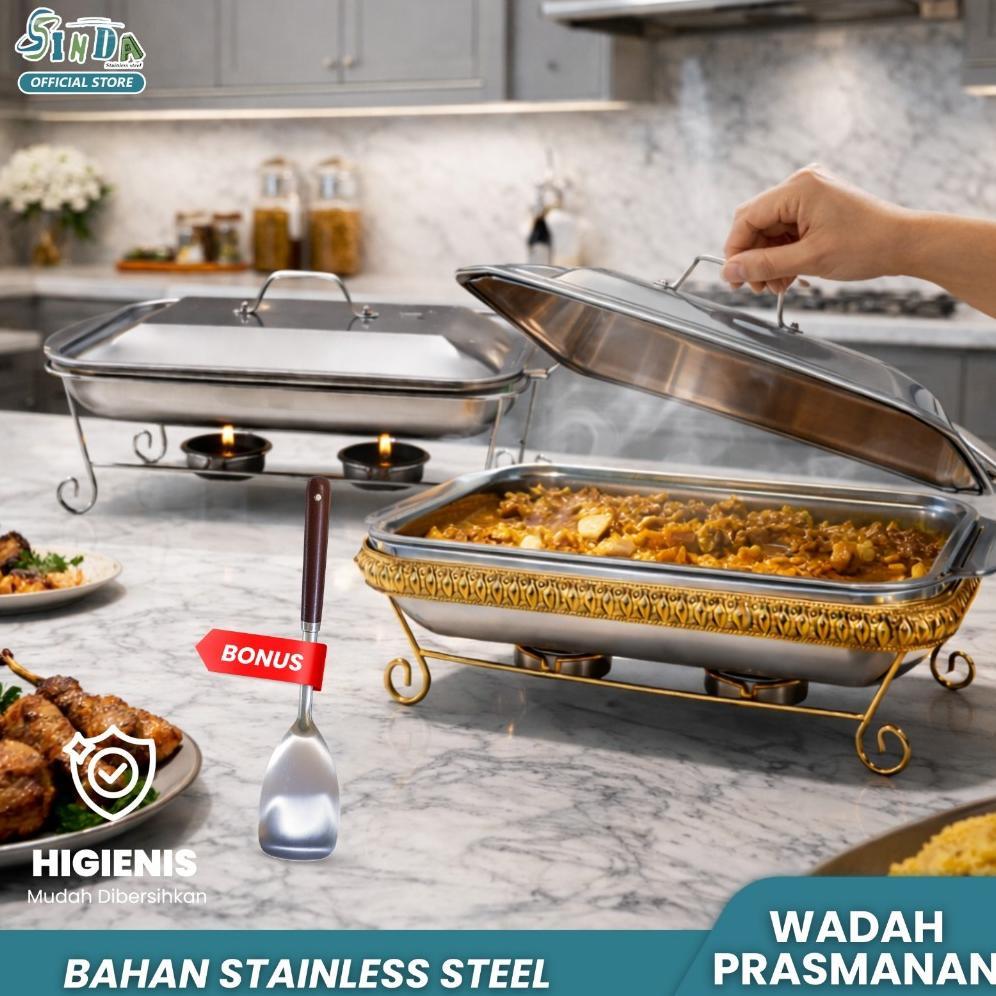 Wadah Prasmanan Stainless Steel Set + Rangka Gold Mewah Tempat Saji Makanan Hangat
