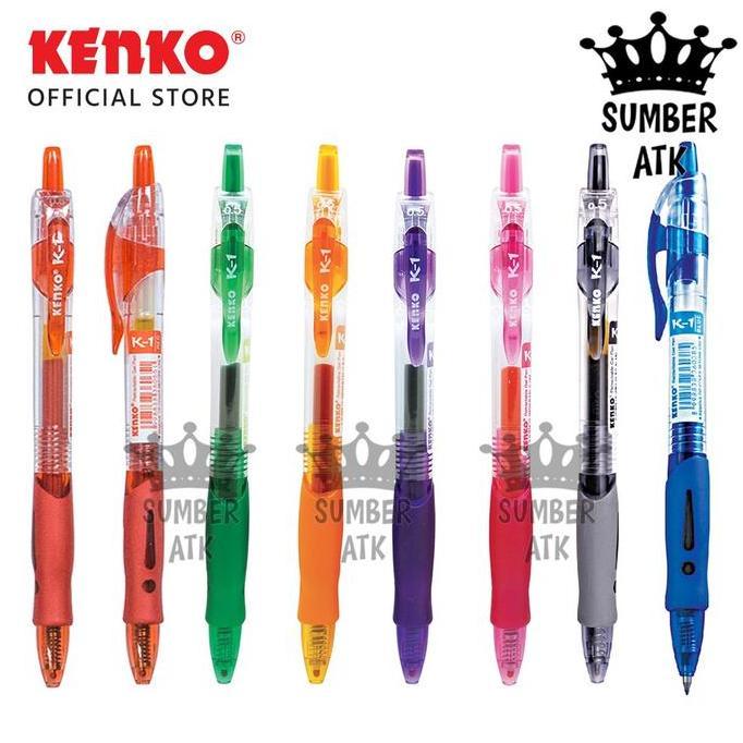 Tulisatk- Pena / Pulpen Kenko Gel Pen K-1 Retractable Lusin / 1 Pcs Hitam Biru Merah Pink Hijau Ungu