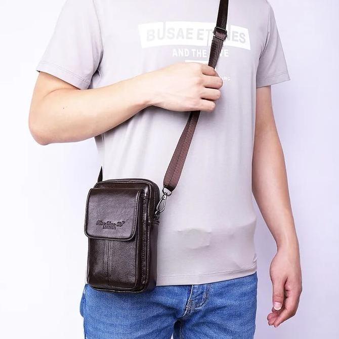 Tas Selempang Minimalis Tas Selempang Pria Mini Kulit Asli Tas Pria Hp Pinggang Ori Kulit 1205 Hitam
