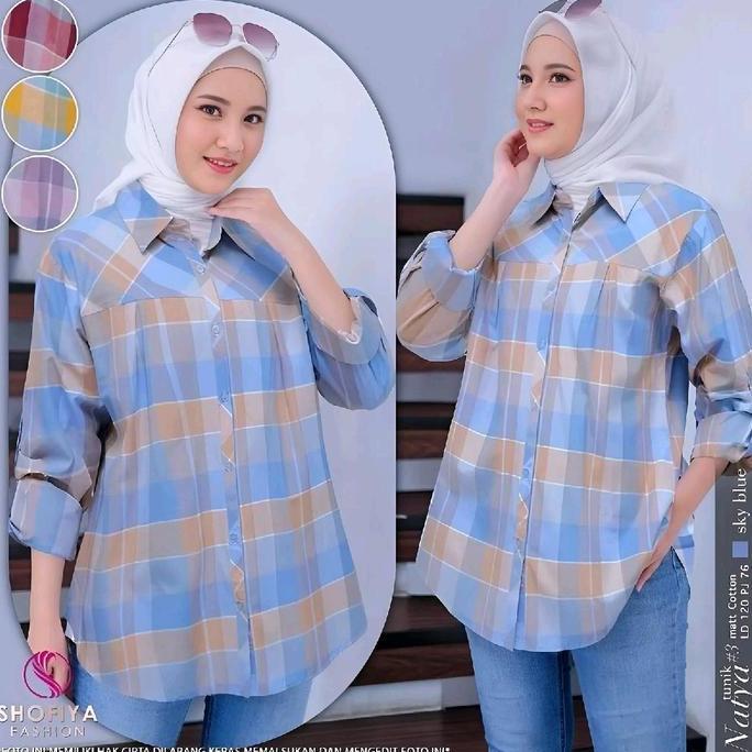 BELANJA SEKARANG AMORA TUNIK JUMBO KEMEJA KERJA WANITA MOTIFASI KOTAK KOTAK Atasan Muslim Panjang Ka