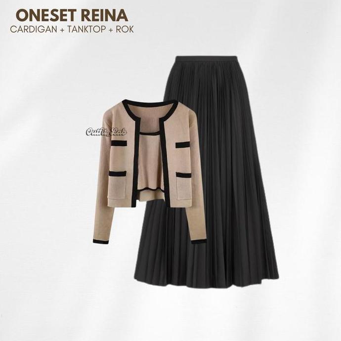 Outfit Set Reina Setelan Wanita Kekinian ( Cardigan Rajut Korea + Tanktop + Rok Plisket Hyget Premiu