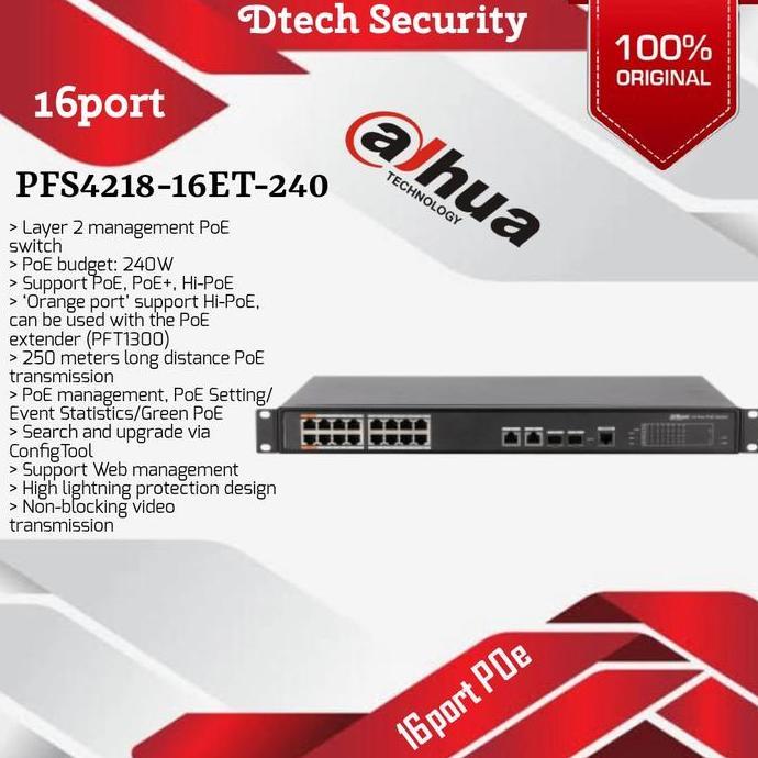TERLARIS DAHUA SWITCH POE 16PORT PFS-4218-16ET-240 / HUB POE DAHUA 16 PORT