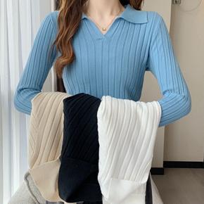 Produk Atasan Wanita Berkerah Rajut | Kaos Crop Rajut Lengan Panjang Kerah Polo | Baju Rajut Wanita 