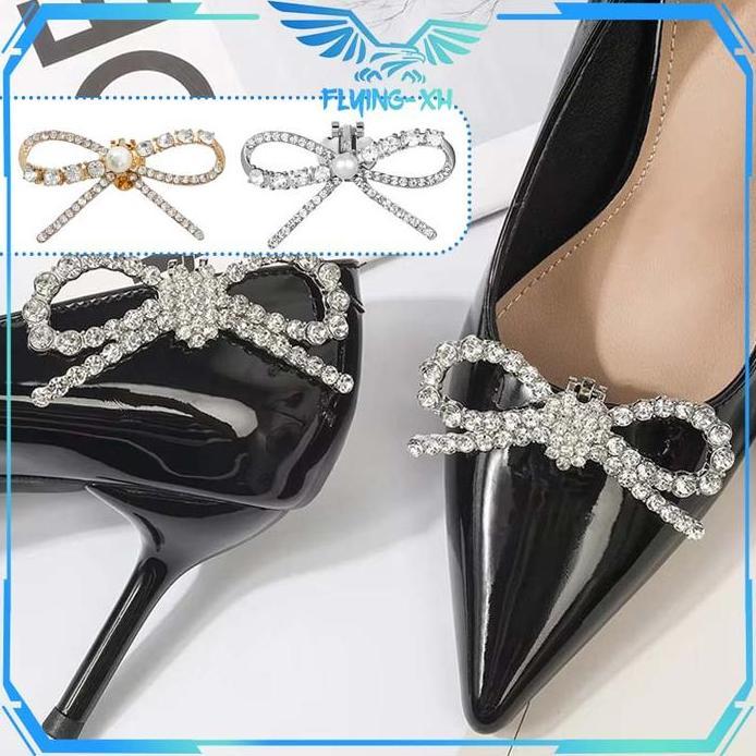 1pair Clip Sepatu Wanita Hiasan Sepatu Motif Busur Berlian Imitasi Shoes Clip Klip Sepatu Wanita Aks