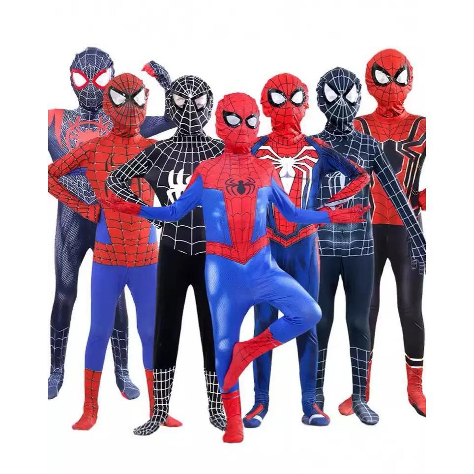 Kostum Spiderman Merah Hitam Baju Cosplay Superhero Anak Dan Dewasa + Topeng