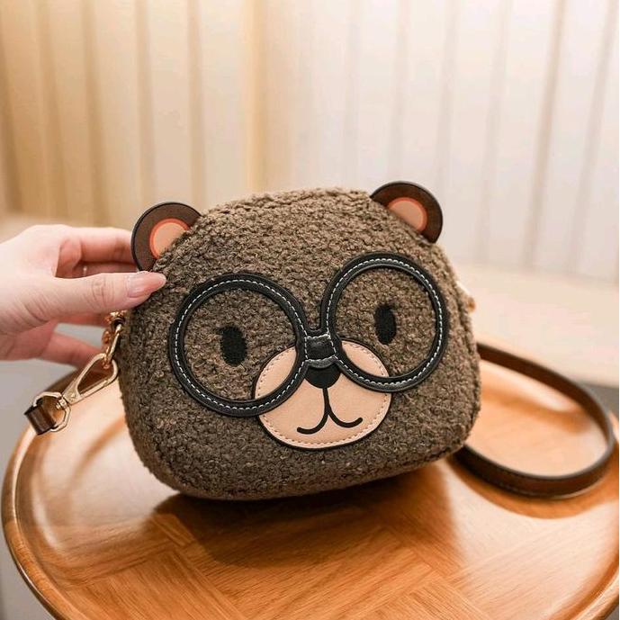 8385 New Tas slempang bulu / Tas cantik kepala bear / Tas beibaobao