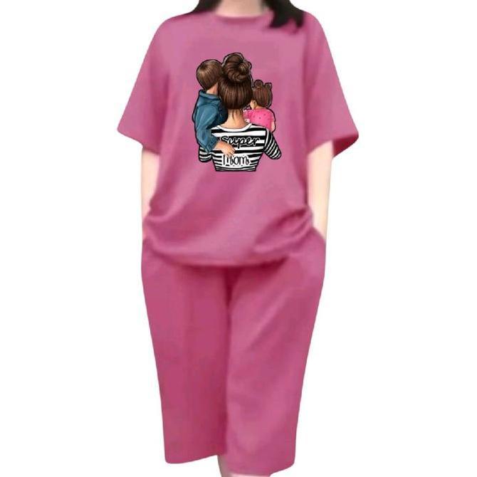 LIFESTYLE Setelan Wanita Dewasa jumbo One set Kaos dan Celana 3/4 Setelan Terbaru Super mom LIFESTYL
