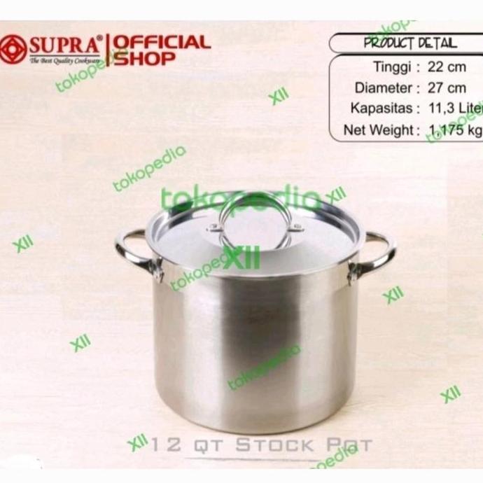 Stufato- Supra Original Stainless Stock Pot 12 Qt Panci Tinggi + Tutup Stainless Tebal 27 Cm