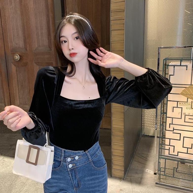 New Korean Blouse Top Square Neck Velvet (Bludru, Tidak Crop) /Atasan Wanita Baju Natal / Blouse  Ga