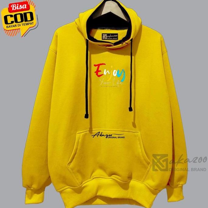 DB129 - zipper hoodie pria original brand kekinian akazoo warna kuning ENJOY YOUR LIFE sweater cowok