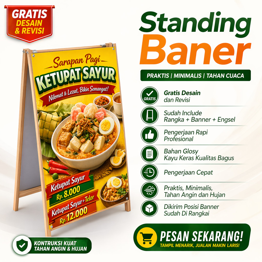 Standing Banner  60x110 cm + Rangka | Tanpa Pre Order | Gratis Desain dan Cetak | Banner segitiga pr