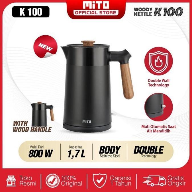 TERLARIS - Teko Listrik Mito K100 1.7 Liter Low Watt Electric Kettle Pemanas Air Wood Series Stainle