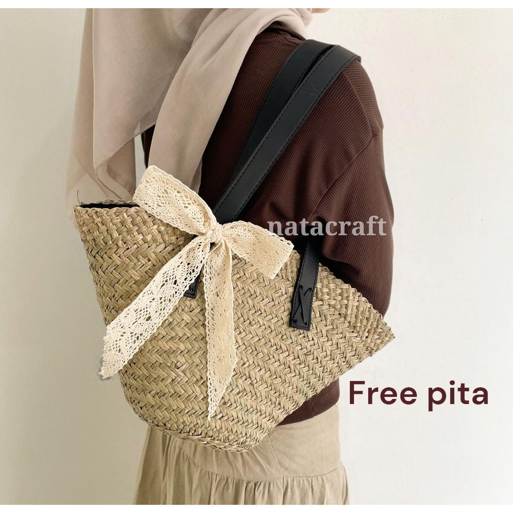 Natacraft-Tote Bag Anyaman mendong Free Pita -Tas Bali /Tas Pantai/ Tas Hampers / Tas Souvenir DISKO
