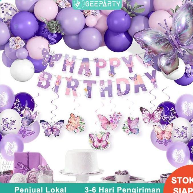 gavamanis - 65 pcs set lengkap balon kertas warna pastel ungu dan putih dengan banner spiral untuk d