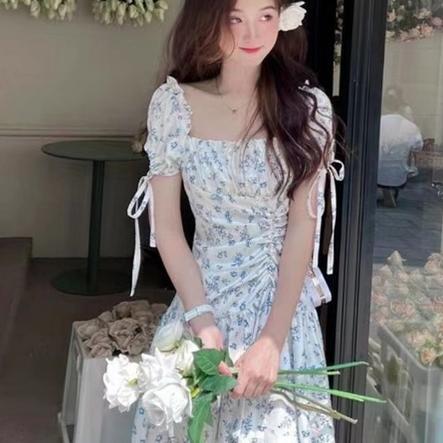 Asymmetrical Neckline Floral Mini Dress With Ruched Skirt - Dress Casual Kasual Blue White Biru Puti