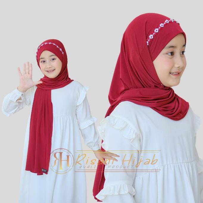 Okeajalah- Hijab Anak Pasmina Malay Jr Jersey/ Jilbab Bendo Renda Melati / Kerudung Muslim Anak Pere