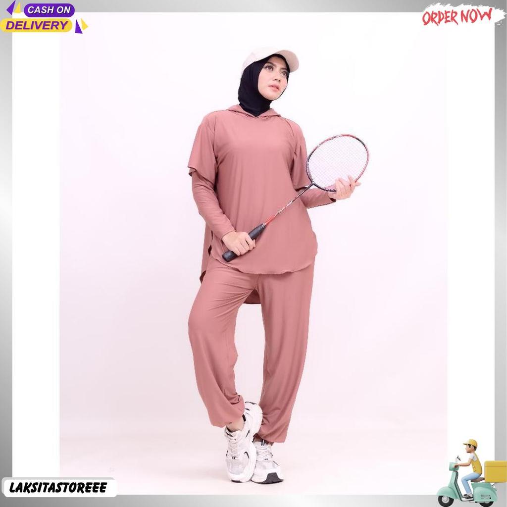 Stelan Baju Olahraga Wanita Sport Lari Wanita Muslim Panjang Set Celana Hoodie Jilbab Langsung Dipro