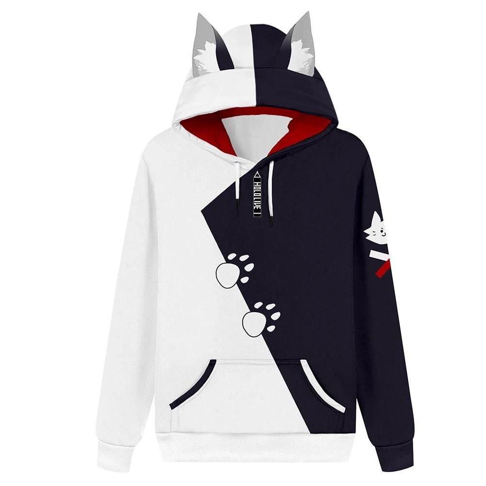 Hololive VTuber Ookami Mio Cosplay Cat Ear Hoodie 3D Print Sweatshirt Men Women Casual Short Sleeve 