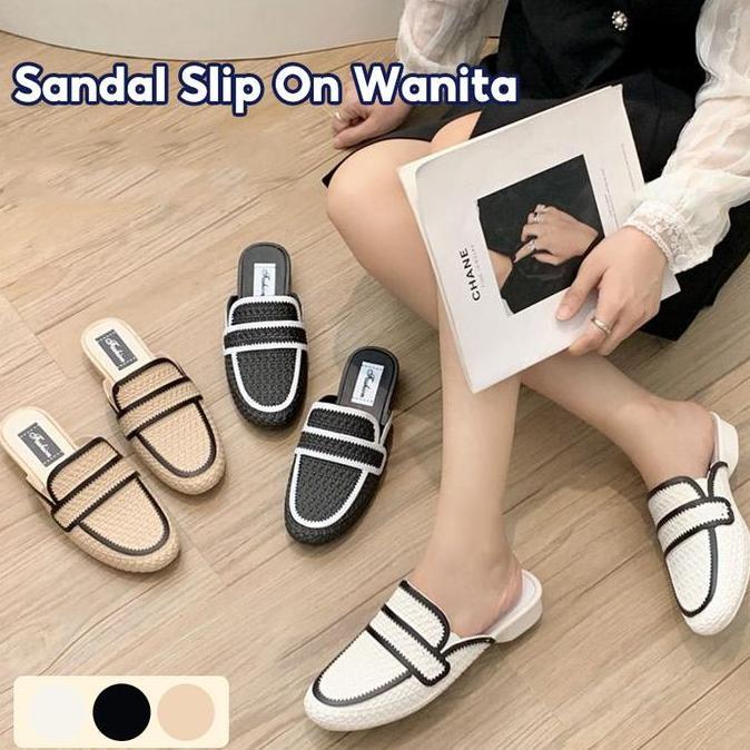 AMDOXTE Sandal Slip On Wanita Kartun / Sandal Ujung Tertutup / Sandal Fashion / Sandal Flat / Sandal