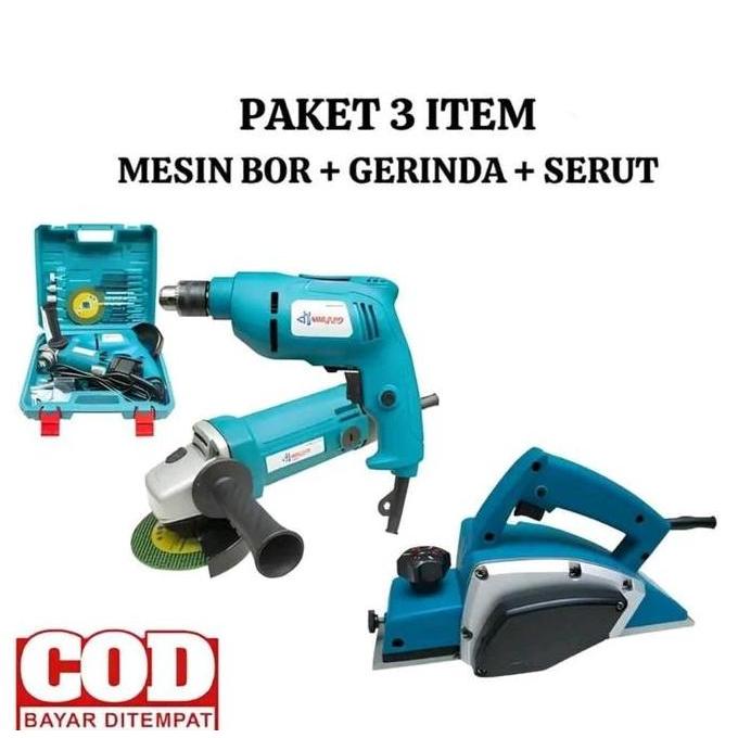 Hab MIKAYO Paket 3 Item Mesin Bor & Gerinda Set Koper + Mesin Planer Serut Kayu + Pengasah Original 