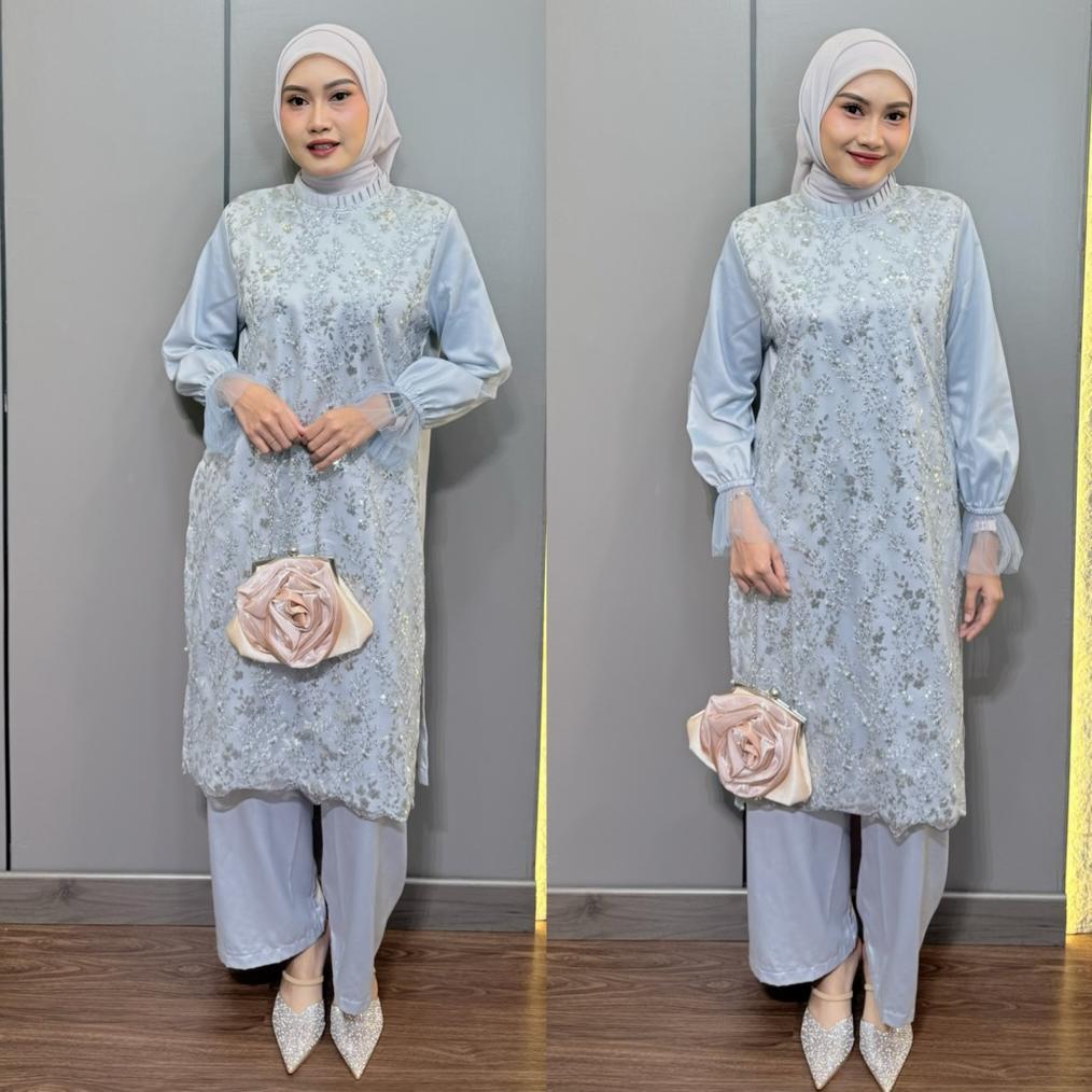 Hot Product Erica Set Luxury Atasan Dan Bawahan Celana Tunik Baju Brukat Pesta Kondangan