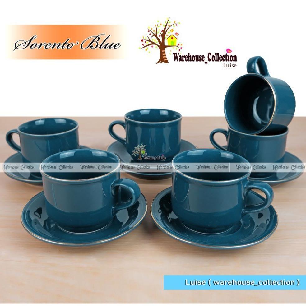 CANGKIR SET WARNA LIST EMAS ( 6 CANGKIR + 6 TATAKAN) // COFFEE SET SANGO KERAMIK // SANGO CUP & SAUC