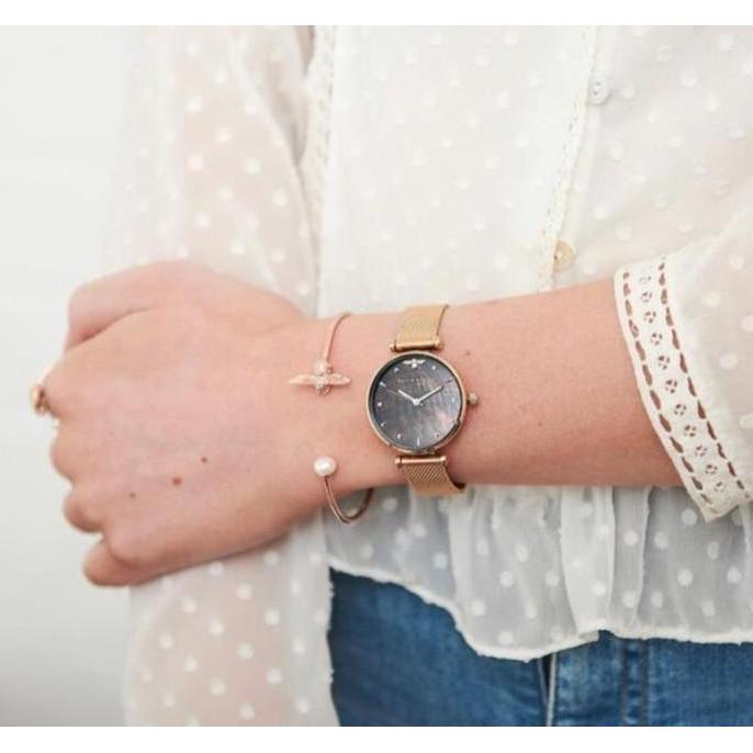 Olivia Burton Queen Bee Black Mother of Pearl Rosegold Mesh