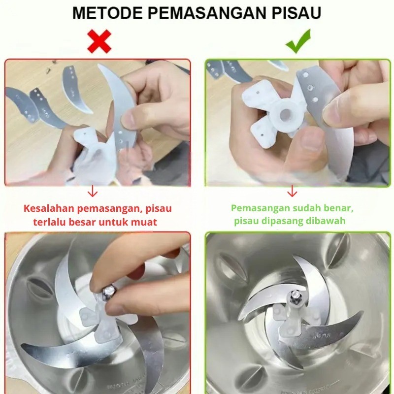 Blender Daging Choper Portable 2In1 4 Mata Pisau Stainles Steel