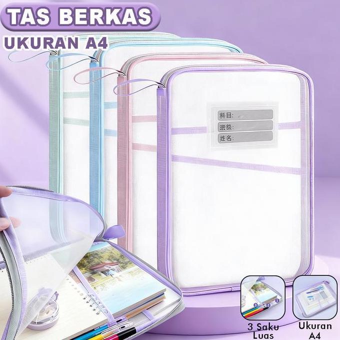 KINEGY Tas Berkas Resleting Ukuran A4 Warna Pastel Document Bag Map Plastik Transparan Multifungsi P