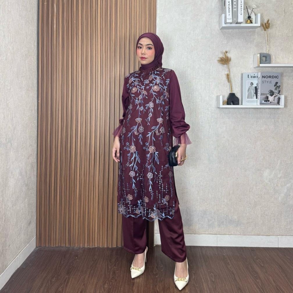 Big Promo Erica Set Luxury Atasan Dan Bawahan Celana Tunik Baju Brukat Pesta Kondangan