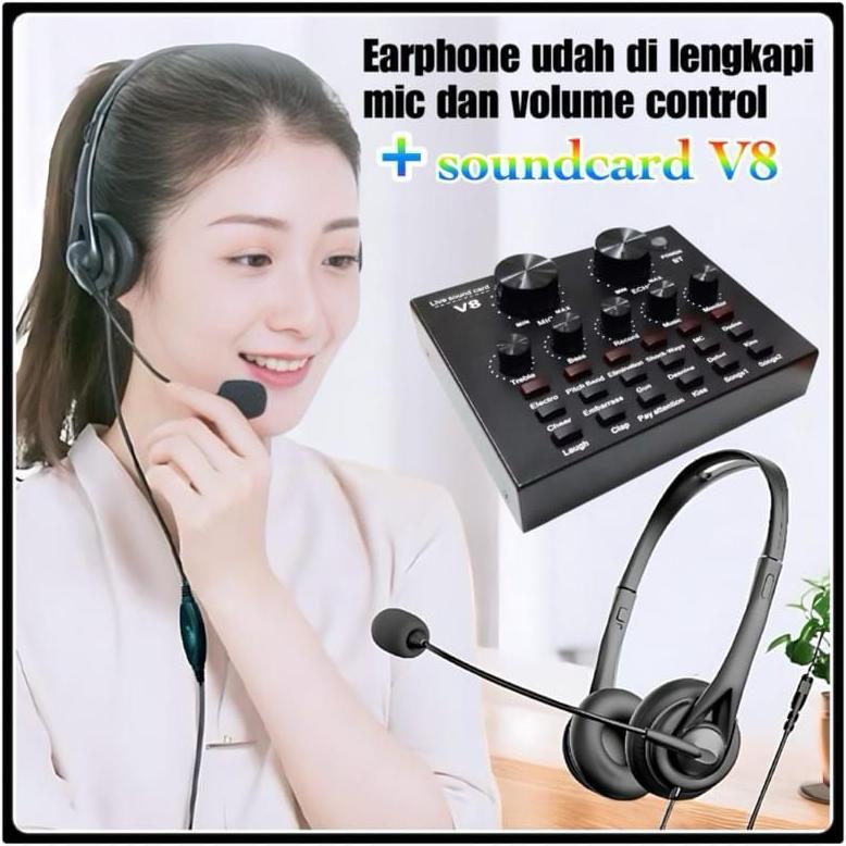 Paket Lengkap V8+S490 set sound card alat live streaming plus Headphone