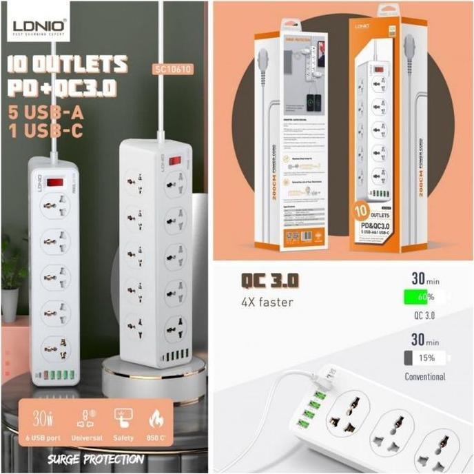 SUBANIKH LDNIO SC10610 Colokan Listrik Steker 10 Lubang Outlet 6 USB
