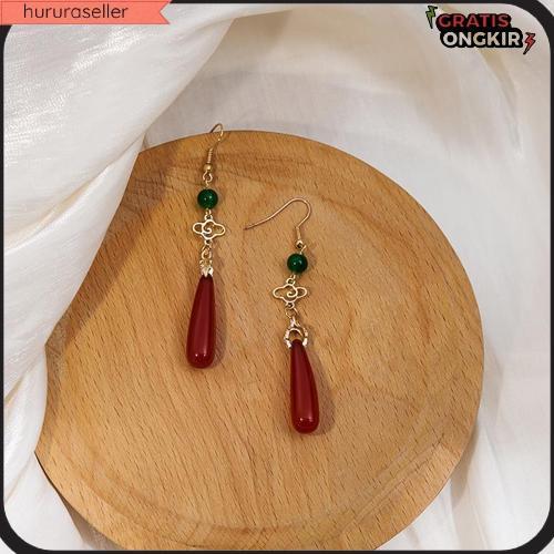 Mebeauty Anting Wanita Cheongsam Retro China Awan Permata Hijau Tetesan Merah Tua Cantik Z1265 Siap 