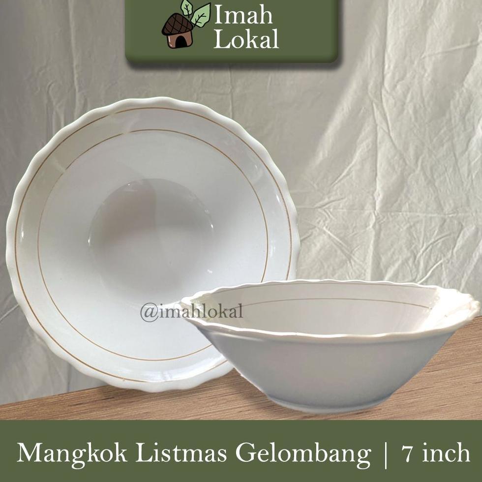 12 Pcs Mangkok Makan Keramik 7 Inch List Emas Gelombang Putih Lilia