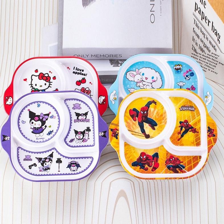 Piring Makan Anak Melamin Sekat 3 (Square) | Alat Makan Melamin Kuromi Melody Pokemon Frozen Hello K