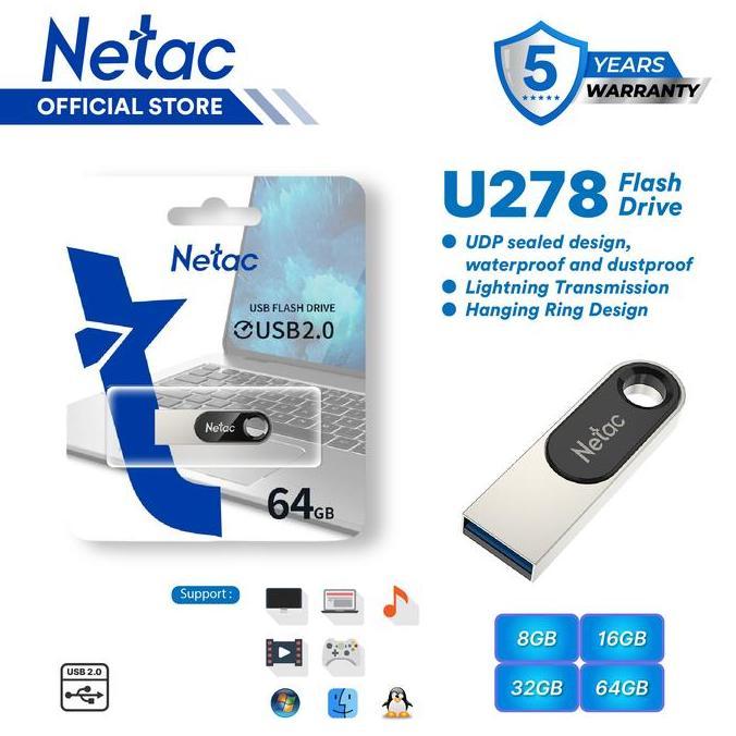 Netac Flashdisk U278 USB 2.0/3.2 Flash Drive 8GB/16GB/32GB/64GB Compatible with Windows XP/7/8 Mac O