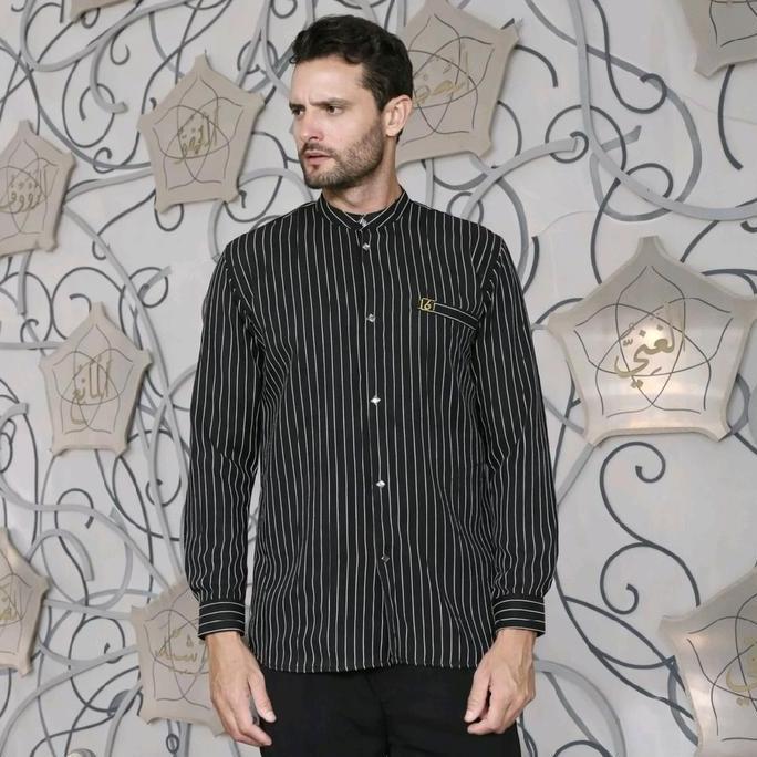 Baju Muslim Pria Dewasa Kemko Strip Trendy Baju Lebaran Hitam Putih