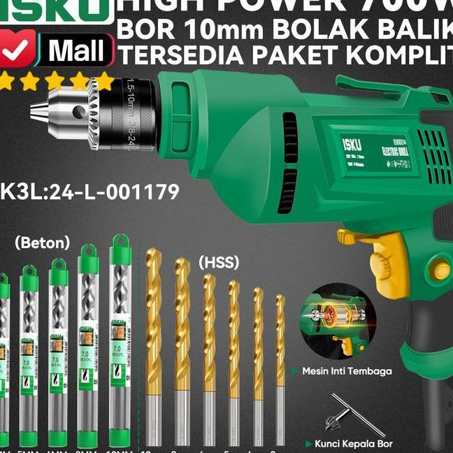 Isku Mesin Bor Listrik Tangan 10Mm 700W Bor Kayu Besi Baja Ringan Plafon Pvc Tembok Bata Electric Ha