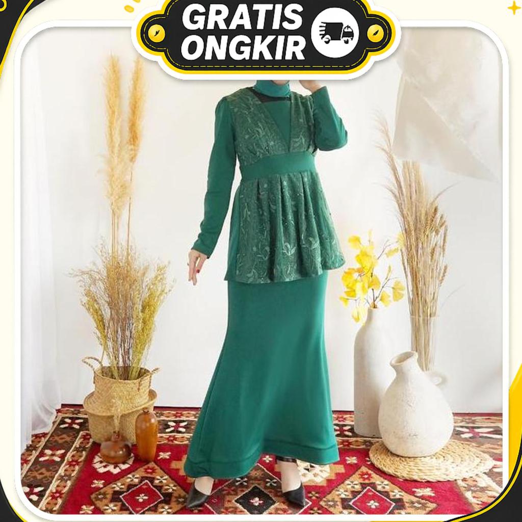 #209, Gamis  Duyung Bahan Scuba Polos Kombinasi Tile Bordir Maxi  Muslim  Mewah  Wanita Pesta Dress 