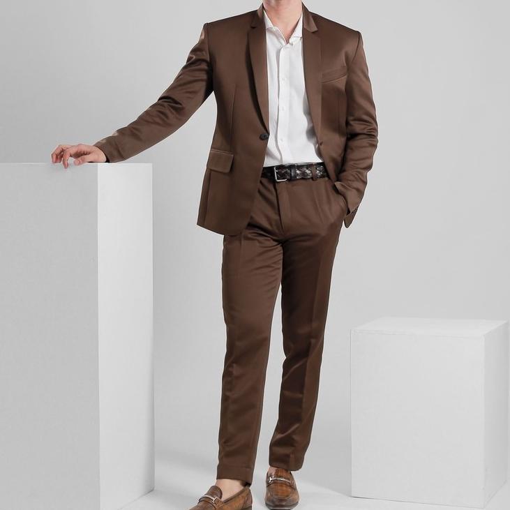 Diskon 3 In 1 Set Jas Formal Pria Tuxedo Warna Coklat Cokelat Setelan Pria Blazer  Rompi Vest Celana