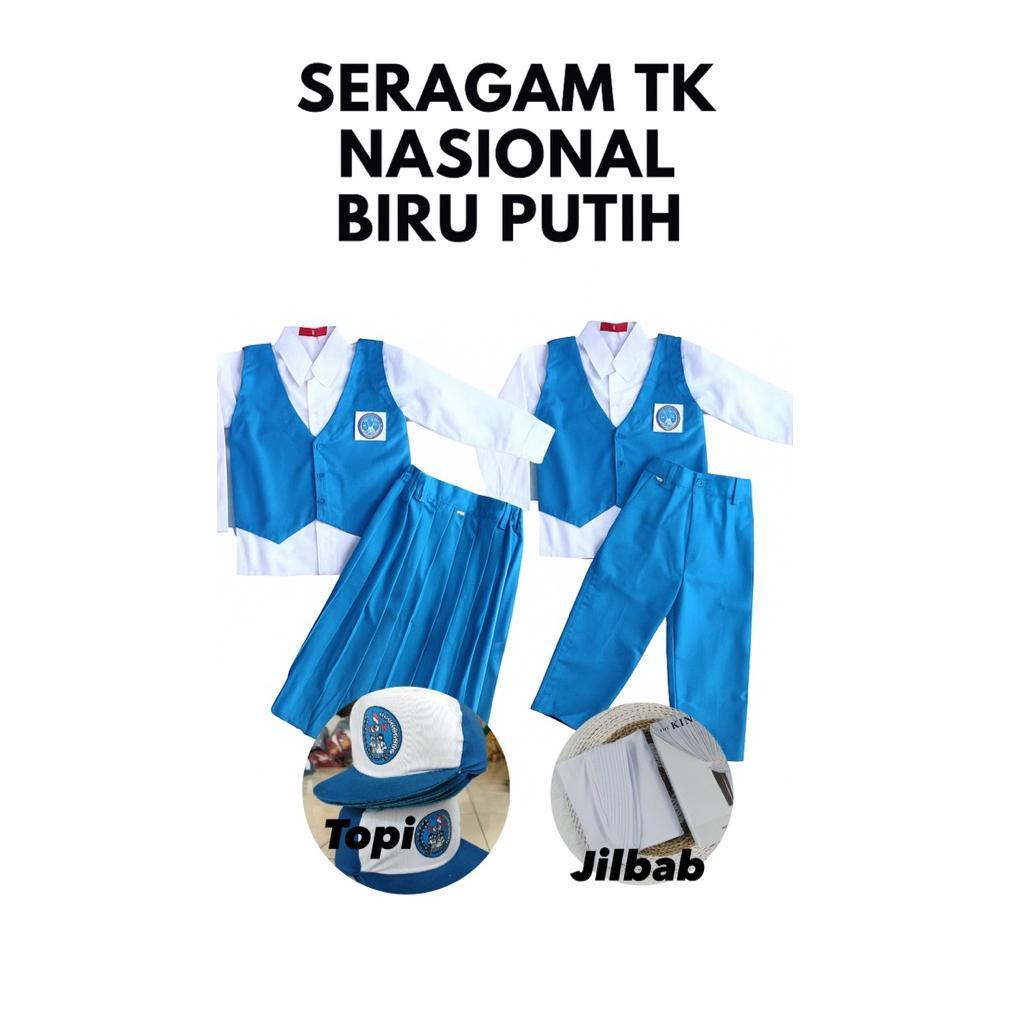 Free Ongkir Seragam Tk Nasional Biru Putih Panjang (Include Topi - Jilbab - Dasi)