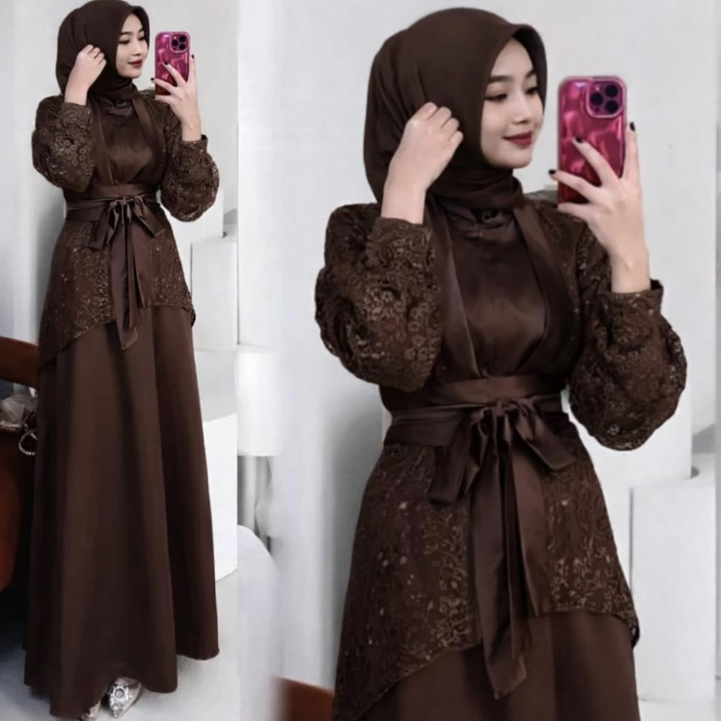 Best Seller Veloxa Dress 3 In 1 Gamis Satin Brokat Coklat Tua Dress Lebaran Inner Outer Baju Kondang