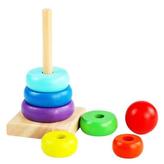 GARAVAR TM Mainan Edukasi Kayu Wooden Mini Rainbow Tower/ Menara Ring Donat Pelangi T037