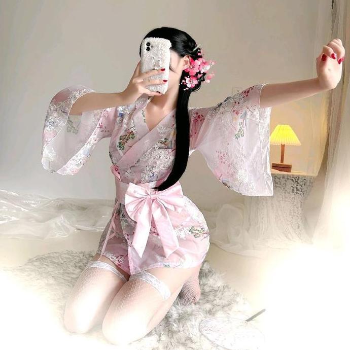 Kimono Wanita Sexy Transparant Model Jepang Motif Bunga Baju Tidur Wanita Nf382 Lingerie Wanita Deng