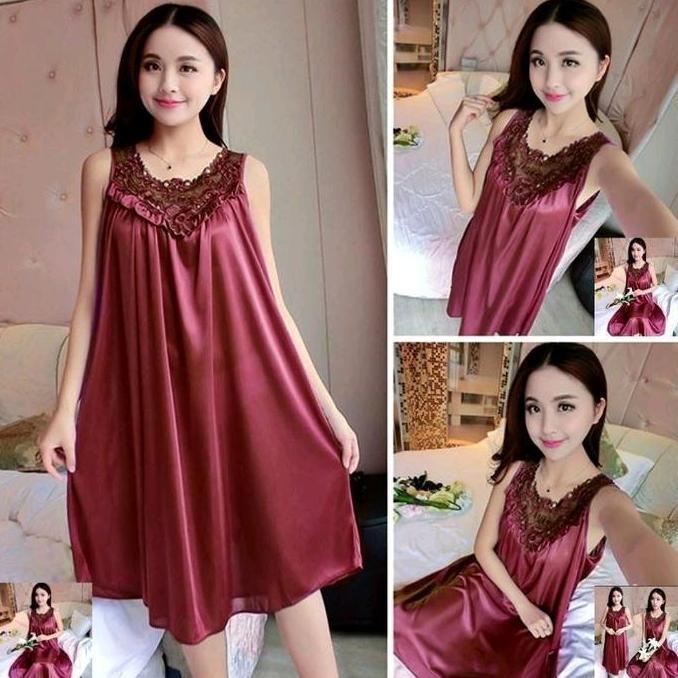Baju Tidur Wanita Dress Lingerie Sexi Daster Happy Satin L Fit Xl Dewasa Panjang