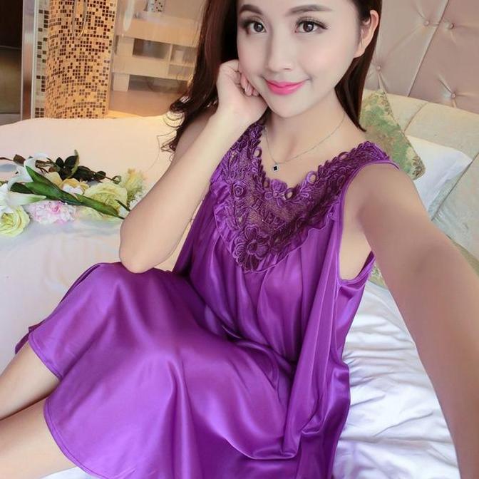 {Exos} Set Daster Baju Tidur Wanita Renda Satin Lembut Panjang Lingerie Dress Piyama 1108