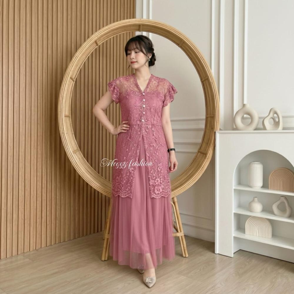 PREMIUM KAMILA DRESS LONG VEST BROKAT LACE / MAXI DRESS PESTA NATAL KONDANGAN WANITA TERBARU / INNE+
