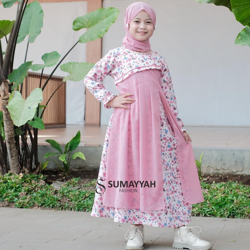 RECOMMENDED Sumayyah- Gamis Anak Set Hijab Pashmina Shakila Motif Bunga Mix Ceruty Babydoll Usia 3-1