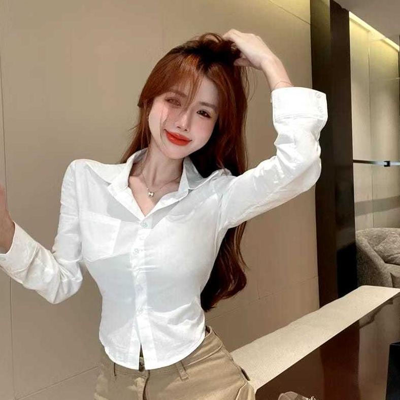 Promo  Kemeja Crop Top Korean Style Kemeja Wanita Lengan Panjang / Kemeja Crop Top Lengan Panjang