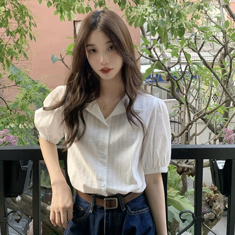 Grade Ori Blouse Wanita Korea Vintage Elegan Kemeja Katun Putih Lengan Pendek Kerah Boneka Renda Blu